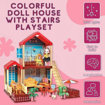 Fitto 3 Rooms Large 2 Floors Dollhouse Playset, Girls Doll House with Doll, Stairs, Furniture, and Accessories, Red