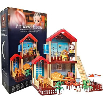 Fitto 3 Rooms Large 2 Floors Dollhouse Playset, Girls Doll House with Doll, Stairs, Furniture, and Accessories, Red