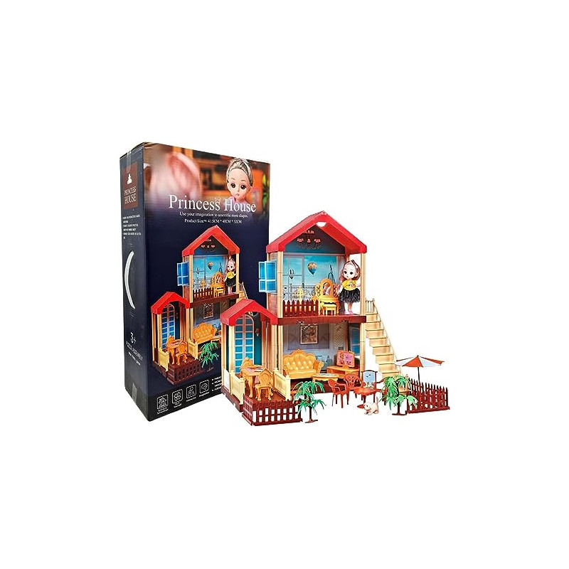 Fitto 3 Rooms Large 2 Floors Dollhouse Playset, Girls Doll House with Doll, Stairs, Furniture, and Accessories, Red