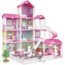 Fitto 11 Rooms Dollhouse Playset, 4 Floors Huge Girls Doll House with 2 Dolls, Slide, Stairs, and All Accessories, Pink