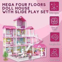 Fitto 11 Rooms Dollhouse Playset, 4 Floors Huge Girls Doll House with 2 Dolls, Slide, Stairs, and All Accessories, Pink