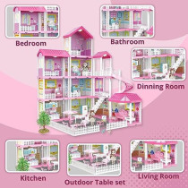 Fitto 11 Rooms Dollhouse Playset, 4 Floors Huge Girls Doll House with 2 Dolls, Slide, Stairs, and All Accessories, Pink