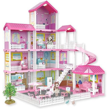 Fitto 11 Rooms Dollhouse Playset, 4 Floors Huge Girls Doll House with 2 Dolls, Slide, Stairs, and All Accessories, Pink