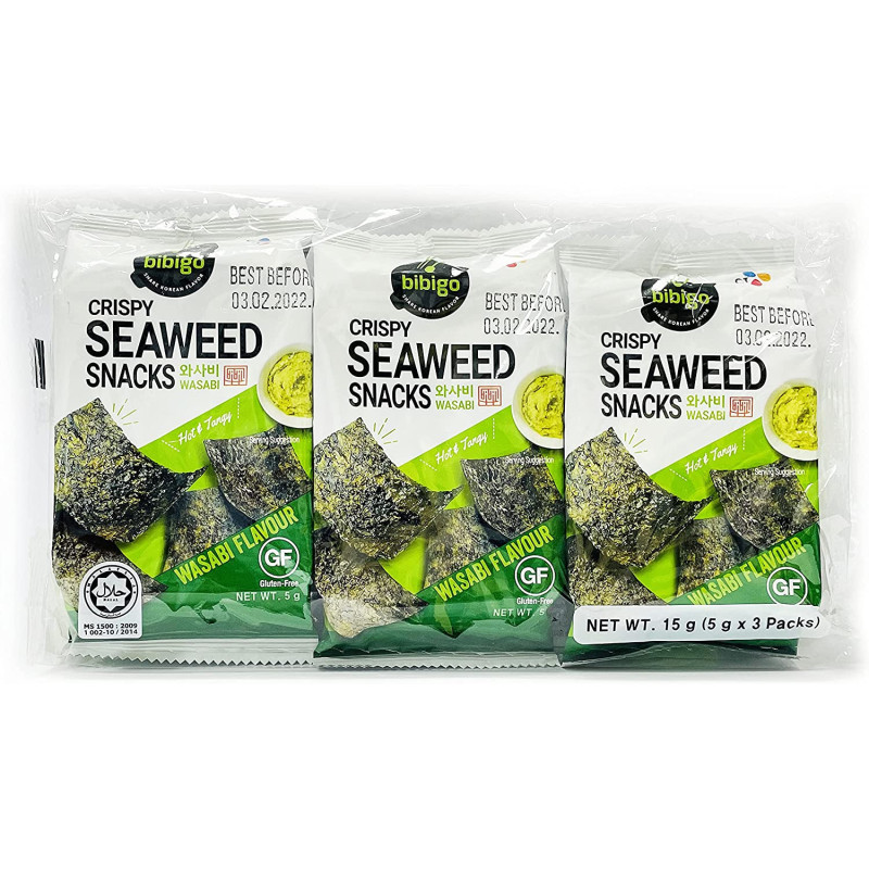 CJ Bibigo Crispy Seaweed Snacks Wasabi Flavour 3 x 5g