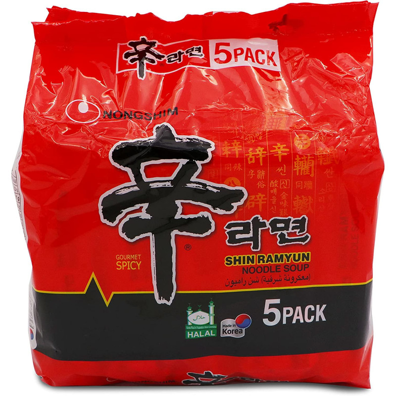 Shin Ramyun, Multi Noodles, Halal , Delecious Taste, Hot Noodle, Aromatic Spices , Made in Korea -( pack of Five, 120 grams)