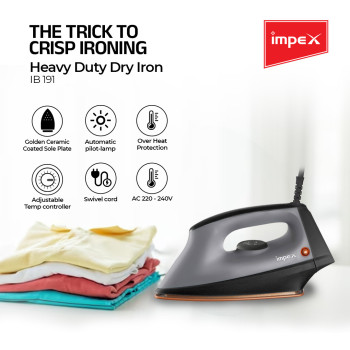 Impex IB 191 1200W Heavy Duty Dry Iron Box With Golden Ceramic Coated Sole Plate