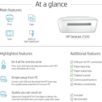 HP Deskjet 2320 All-In-One Printer, Usb Plug And Print, Scan, And Copy - White 7Wn42B 