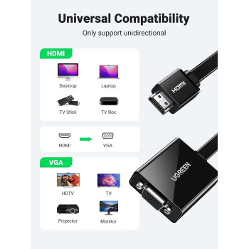 UGREEN Active HDMI To VGA Adapter Converter With 3.5mm Audio Jack Up To 1080P Compatible For PC, Laptop, Ultrabook, Raspberry Pi, Chromebook, Black