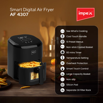 Impex AF 4307 Air Fryer With Adjustable Temperature Control Overheating Protection 4.5 L 1200W Black