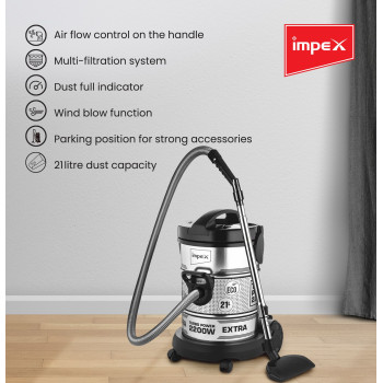 Impex PowerPro Vacuum Cleaner (VC 4708) 2200W, Ultra-Capacity 21 L, High Performance & Low Noise, Strong Metal Body With Convenient Handle, Black