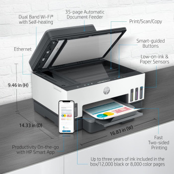 HP Smart Tank 720 Wireless Print Scan Copy Auto Duplex Printing Print up to 18000 black or 8000 color pages White&Grey 6UU46A