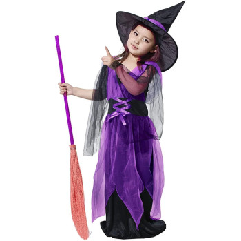 Brain Giggles Kids Costume Set Girls Witch Robe and Hat Witch Vintage Girls Witch Costume for Cosplay Event Party - Purple Medium
