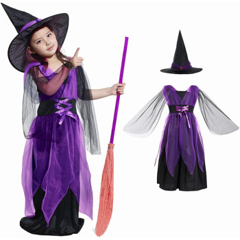 Brain Giggles Witch Costume Set Girls Witch Robe and Hat Witch Vintage Girls Witch Costume for Cosplay Event Party - Purple Large