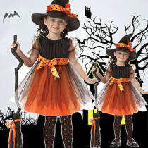 Brain Giggles Witch Costume Set Witch Robe and Hat Vintage Outfit Costume for Kids Girl Cosplay Event Party - Medium Orange