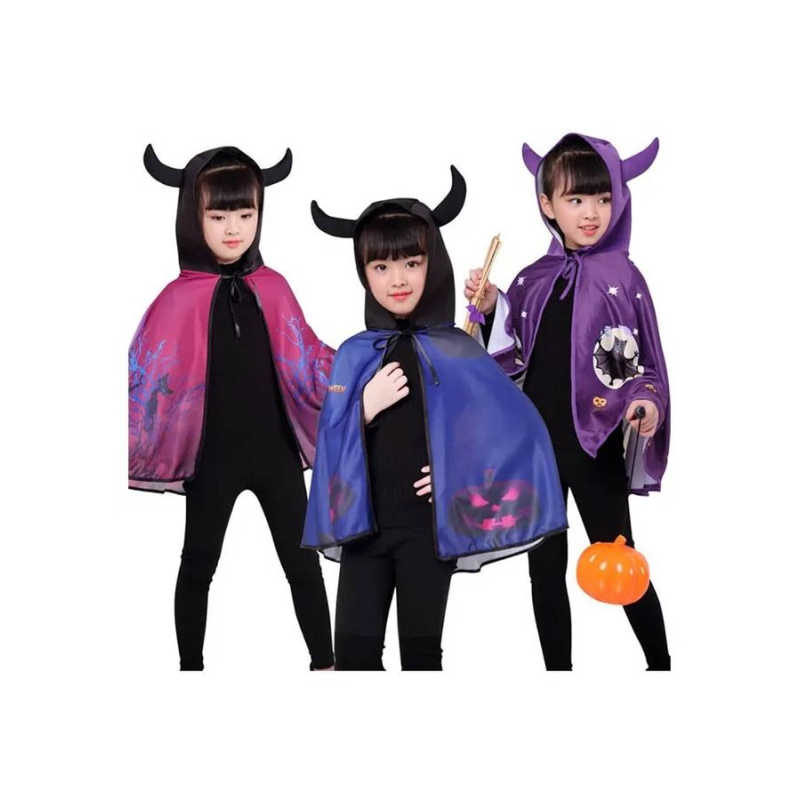 Brain Giggles Cape with Horn Costume Design for Cosplay Party Unisex Kids Skull 90x140cm