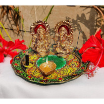 Aluminium Golden Color Plated Laxmi Ganesha Idol With Platter Plate For Puja Diwali Gift Items Deepawali Decorations Indian Dhanteras Pooja Statue Thali