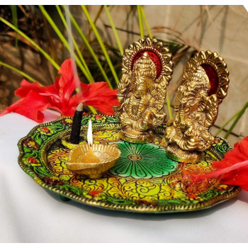 Aluminium Golden Color Plated Laxmi Ganesha Idol With Platter Plate For Puja Diwali Gift Items Deepawali Decorations Indian Dhanteras Pooja Statue Thali