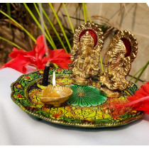 Aluminium Golden Color Plated Laxmi Ganesha Idol With Platter Plate For Puja Diwali Gift Items Deepawali Decorations Indian Dhanteras Pooja Statue Thali