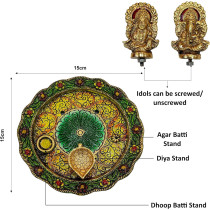 Aluminium Golden Color Plated Laxmi Ganesha Idol With Platter Plate For Puja Diwali Gift Items Deepawali Decorations Indian Dhanteras Pooja Statue Thali