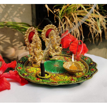 Aluminium Golden Color Plated Laxmi Ganesha Idol With Platter Plate For Puja Diwali Gift Items Deepawali Decorations Indian Dhanteras Pooja Statue Thali