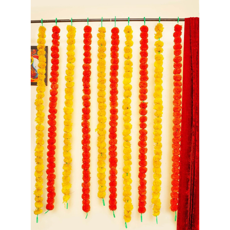 Tied Ribbons Artificial Marigold Flowers Garland Strings (Pack Of 10) Flowers Garland For Decor Pooja Room Door Indian Wedding Party House Warming