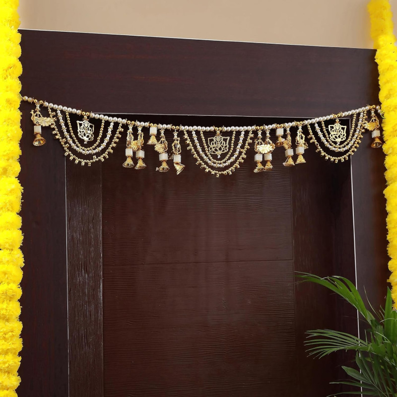 Tied Ribbons 40 Inch Golden Peacock Ganesha With Bells Toran Toranam For Door & Indian Puja Decorations