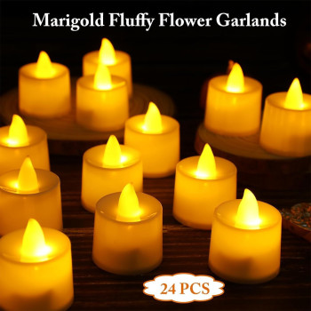 Tiokkss 29 Pcs Marigold Garland For Decoration And Flameless Led Tea Lights Candles 5 Feet Long Strands Artificial Marigold Flowers