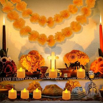 Tiokkss 29 Pcs Marigold Garland For Decoration And Flameless Led Tea Lights Candles 5 Feet Long Strands Artificial Marigold Flowers