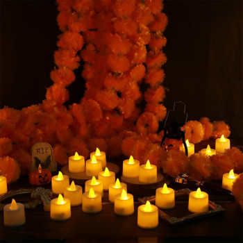 Tiokkss 29 Pcs Marigold Garland For Decoration And Flameless Led Tea Lights Candles 5 Feet Long Strands Artificial Marigold Flowers