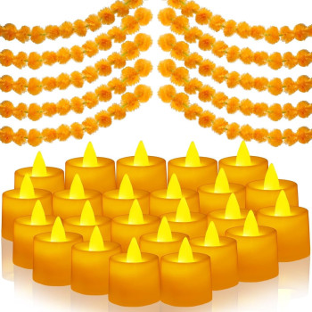 Tiokkss 29 Pcs Marigold Garland For Decoration And Flameless Led Tea Lights Candles 5 Feet Long Strands Artificial Marigold Flowers