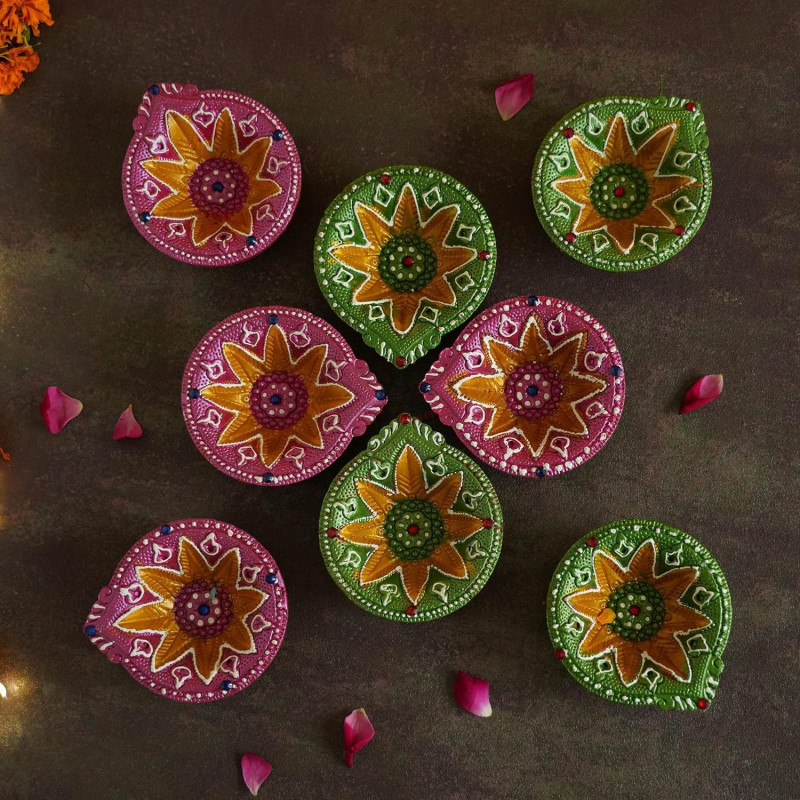 Tied Ribbons Diwali Diyas Set Of 8 Handmade Terracotta Big Clay Diya For Pooja Room Puja Oil Diya Lamp For Home Decor Mandir Temple