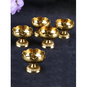 Tied Ribbons Set Of 5 Lotus Shape Brass Diyas For Pooja & Deepawali Diwali Decorations For Home, Indian Puja Oil Lamp For Pooja Decorations