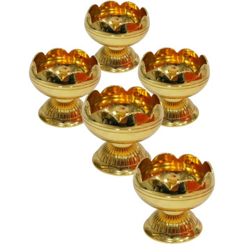 Tied Ribbons Set Of 5 Lotus Shape Brass Diyas For Pooja & Deepawali Diwali Decorations For Home, Indian Puja Oil Lamp For Pooja Decorations