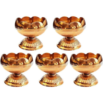 Tied Ribbons Set Of 5 Lotus Shape Brass Diyas For Pooja & Deepawali Diwali Decorations For Home, Indian Puja Oil Lamp For Pooja Decorations