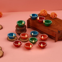 Tied Ribbons 12 Pcs Handmade Clay Diya For Diwali, Traditional Homemade Diyas Tealight, Indian Oil Lamp, Diwali Decorations For Home, Terracotta Diyas, Diwali Gifts