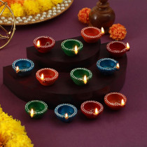 Tied Ribbons 12 Pcs Handmade Clay Diya For Diwali, Traditional Homemade Diyas Tealight, Indian Oil Lamp, Diwali Decorations For Home, Terracotta Diyas, Diwali Gifts