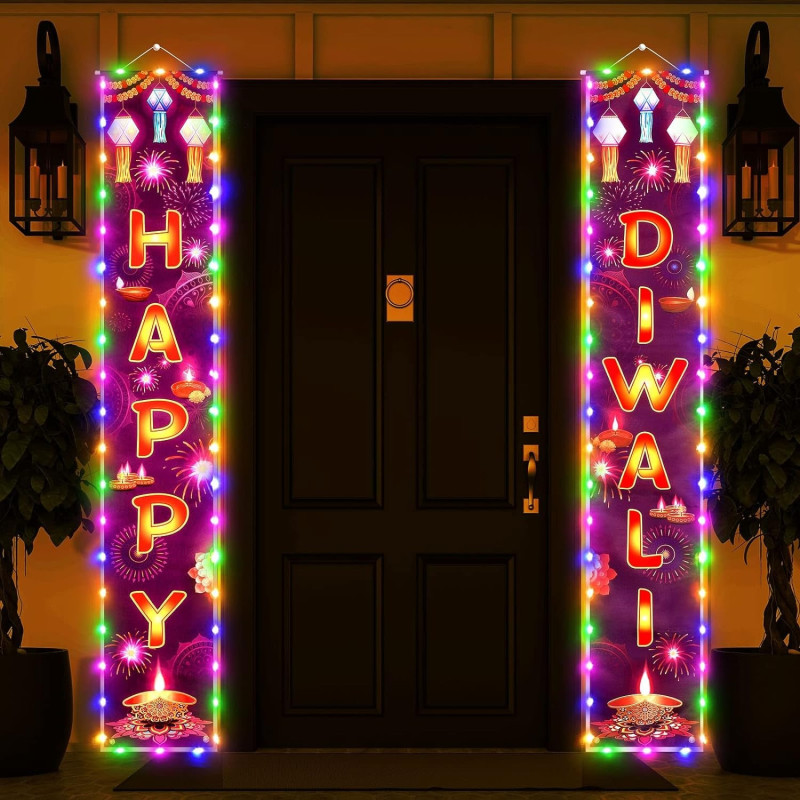 Happy Diwali Hanging Banner With Light Festival Light Party Decoration Supplies Indoor Outdoor Diwali Sign Door Decor For Happy Diwali Party Indian Deepavali Lights Diyas Decor Supplies