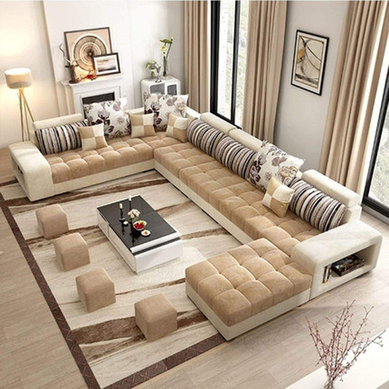 Live Room Sofa,Apartment Living Room Corner Sofa Set Combination Furniture (Cream)