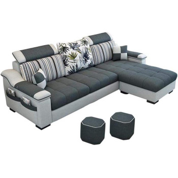 L Shape Sofa 3 Seat Linen Living Room Sofa Set Modern Design Frame Soft Sponge Shape Home Furniture(Foot Ped + 2 Cloth Stool),E