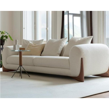 Italian Design Living Room Teddy Sofa Upholstered White Boucle Fabric Solid Canaletta Walnut Feet Luxury Lambwool Sofa