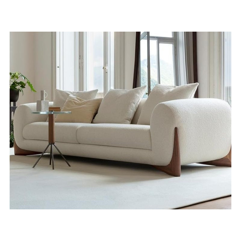 Italian Design Living Room Teddy Sofa Upholstered White Boucle Fabric Solid Canaletta Walnut Feet Luxury Lambwool Sofa