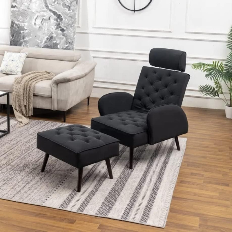 Italy Style Home Office Luxury Executive Modern Leisure Sofa Set Living Room Sofa Single Seat Recliner Sofa With Footstool (Black)