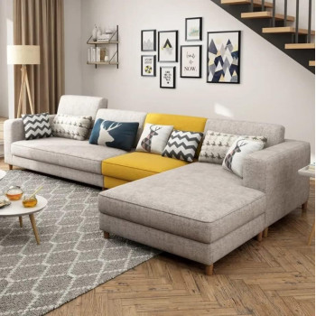 Modern Simple Design Nordic Type Corner Sofa With Solid Wood Frame L Shape Sofa Set For Living Room Furniture (Brown+Yellow)