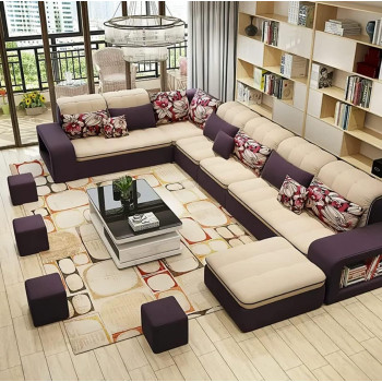 Durable Style U-Shape Furniture Living Room Sectional Modern Sofa Seater Set Of Chairs (Purple+Beige)