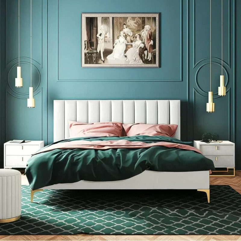 Nordic Simple Master King Size Bed Young Luxury Fabric Bed Bedroom Furniture Sets (Off White)