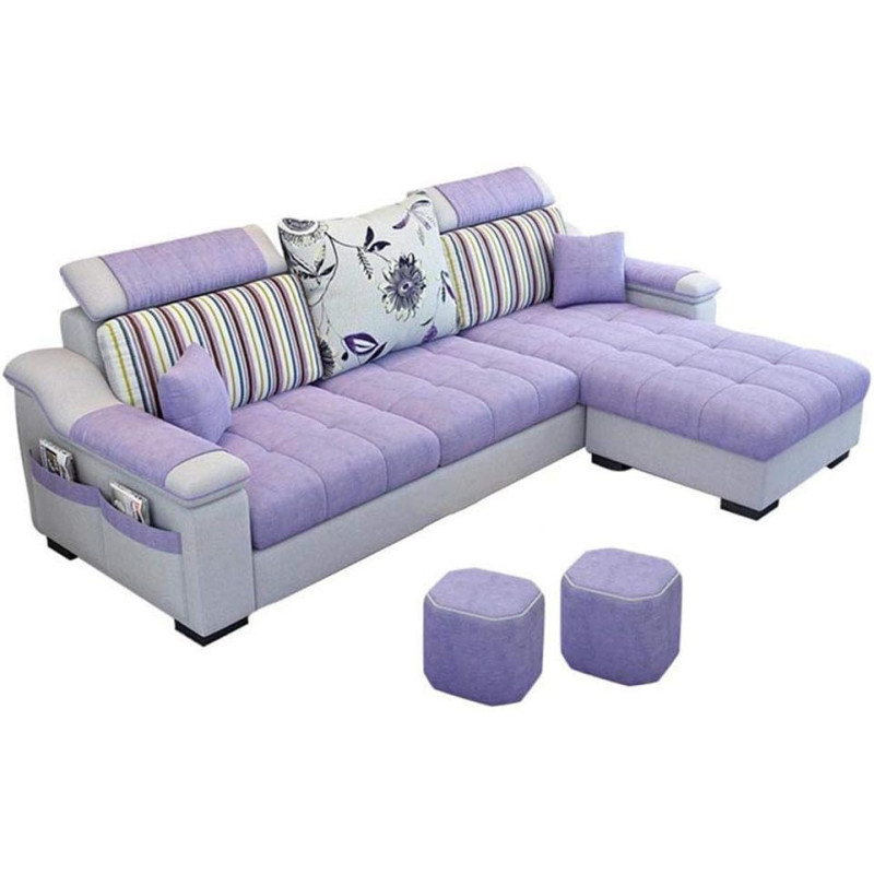 L Shape Sofa 3 Seat Linen Living Room Sofa Set Home Furniture Modern Design Frame Soft Sponge Shape Home Furniture(Foot Ped + 2 Cloth Stool),A