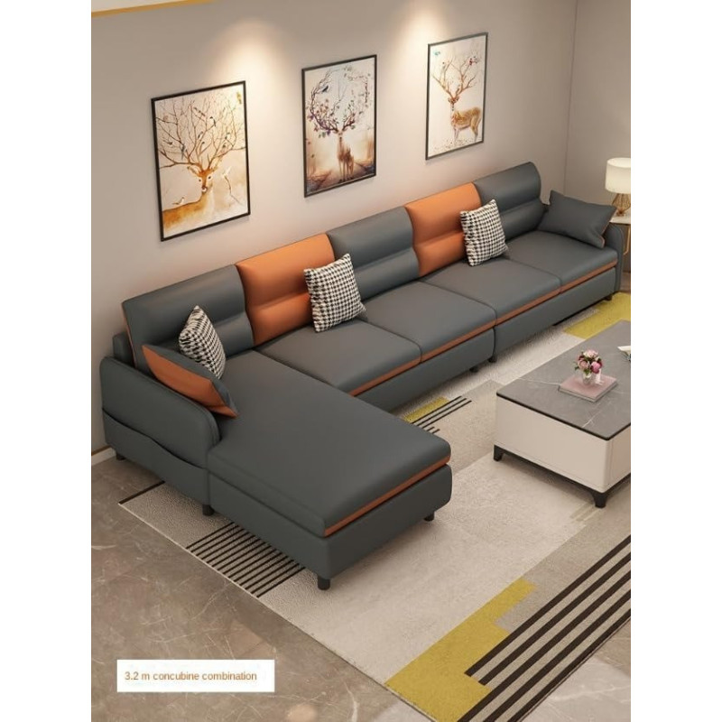 Modern L Shape Sofa Love Seat Sectional Nordic Pouf Large Sofa Lounge Simple Home Furniture (320Cm, Grey+Orange)