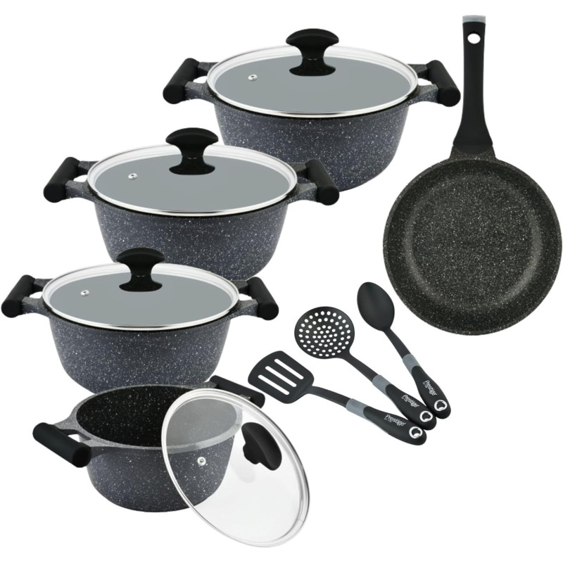 Prestige Essentials Granite 12 Piece Non-Stick Cast Aluminium Cookware Sets, Non Stick Aluminium - Black (PR80965)