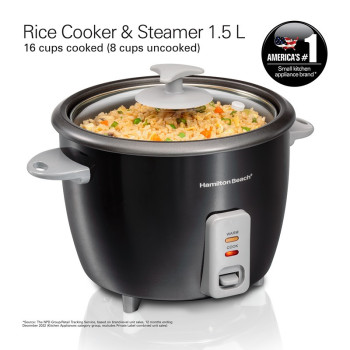 Hamilton Beach 1.5L Rice Cooker & Steamer, 16 Cups Cooked (8 Cups Uncooked) Rice Capacity, Removable Easy To Clean Non-Stick Pot, One-Touch Healthy Cooked Meals, 500W, 2 Year Warranty, Black, 37517-Me