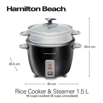 Hamilton Beach 1.5L Rice Cooker & Steamer, 16 Cups Cooked (8 Cups Uncooked) Rice Capacity, Removable Easy To Clean Non-Stick Pot, One-Touch Healthy Cooked Meals, 500W, 2 Year Warranty, Black, 37517-Me
